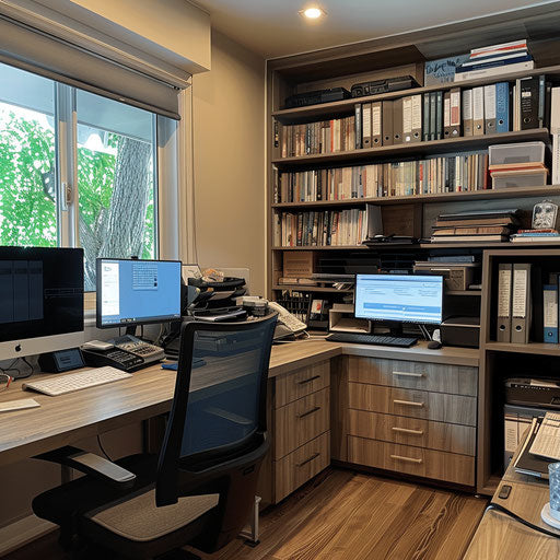 Home office with dedicated file organization system and digital document management