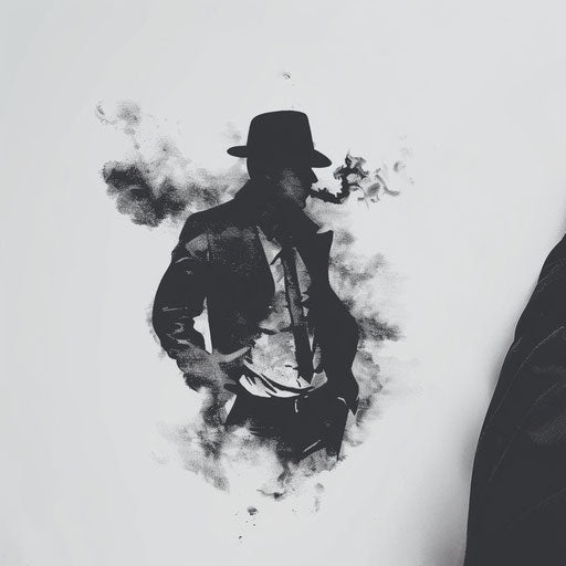 Minimalist tattoo design of gangster silhouette with smoke