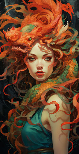 woman with dragon in her hair, classic tattoo style