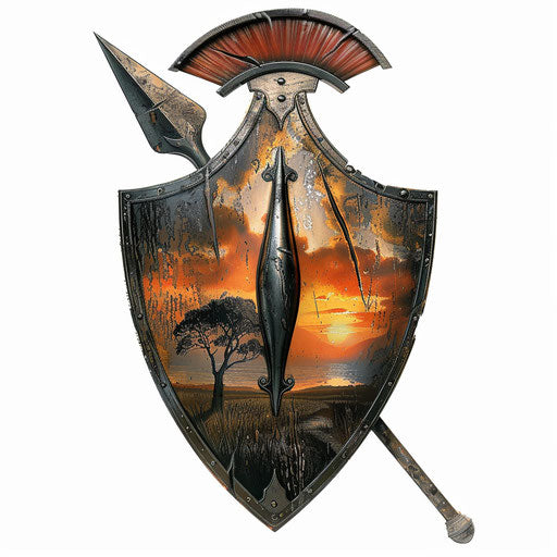 Spartan spear and shield with sunset landscape