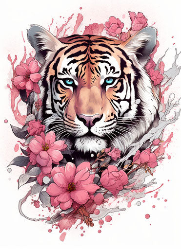 Tiger and pink flowers tattoo, aggressive digital style