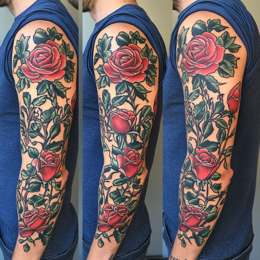 American traditional sleeve tattoo with vintage roses and thorns