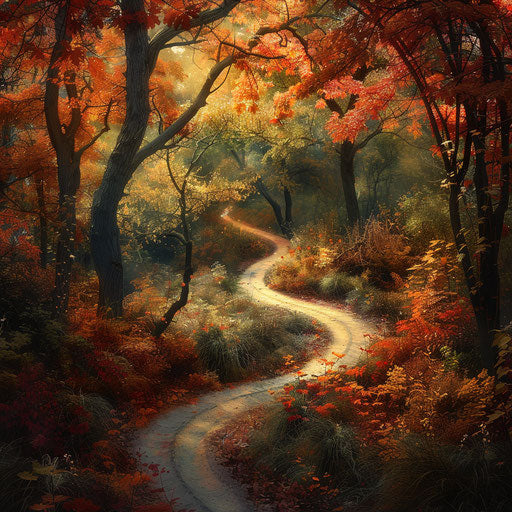 Solitary path winding through a vibrant autumn forest
