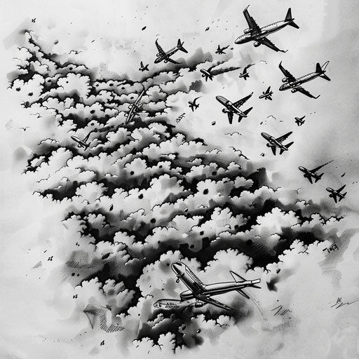 Surreal tattoo sketch of multiple planes flying in a labyrinth of clouds