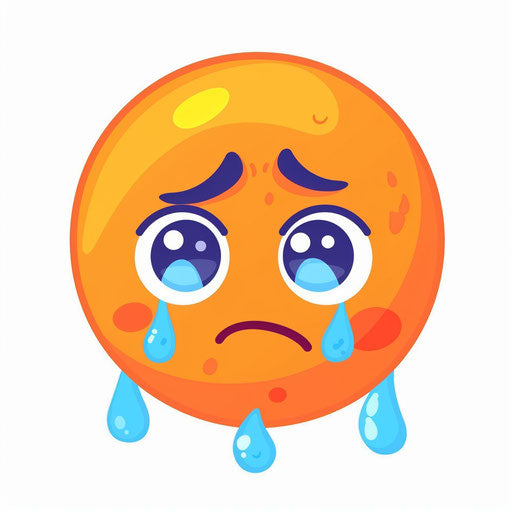 Orange crying emoji with blue tears, sadness