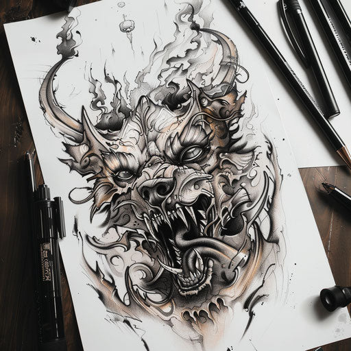 Bold and dark tattoo sketch with a hellhound guarding the underworld entrance