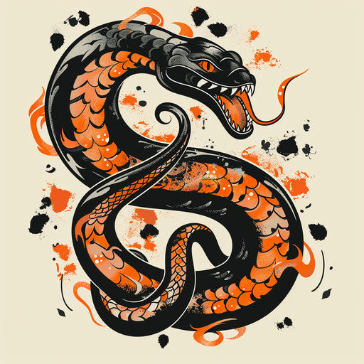Dynamic sketch of striking serpent, vivid oranges and blacks