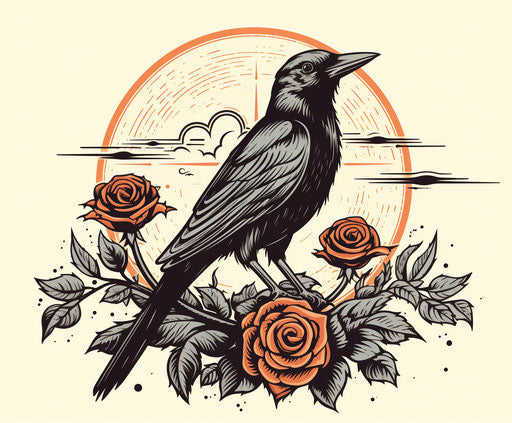 Tattoo design of a crow with roses and sun