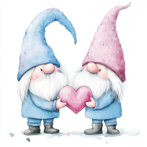 Adorable gnomes holding a heart, pink and blue tones