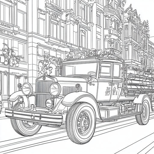 Fire truck in a high-fashion editorial, elegant and stylish Coloring book page