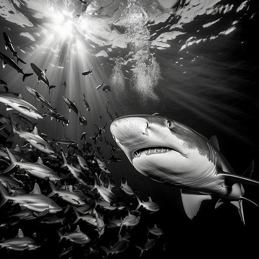 Tiger shark with a school of fish in the background