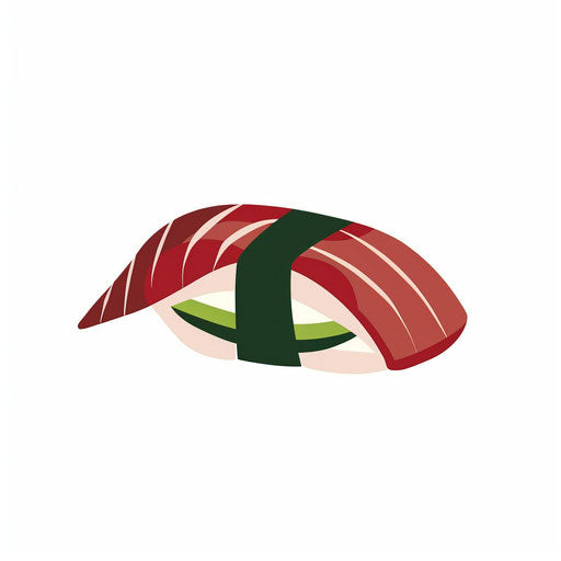 Simple icon of sushi on white background, dark red and green