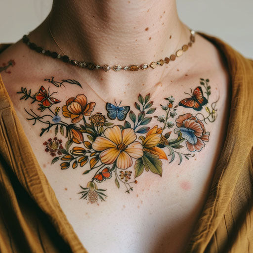 Botanical collarbone tattoo with flowers and butterflies