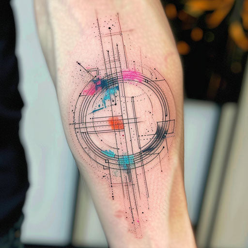 Tattooed circle with digital pixel art filling