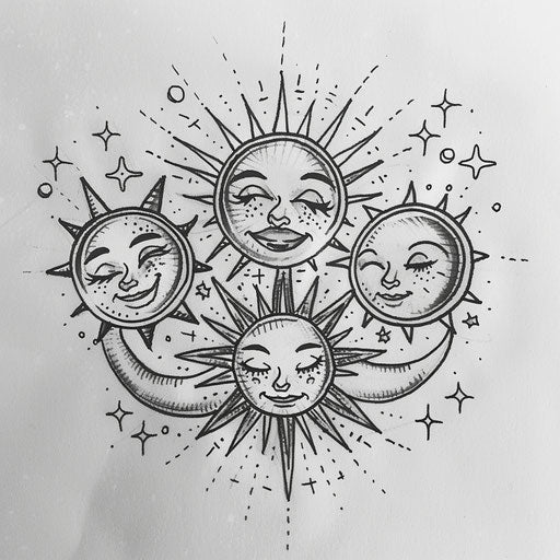 Whimsical flat tattoo sketch of a sigil for happiness, smiling suns and stars