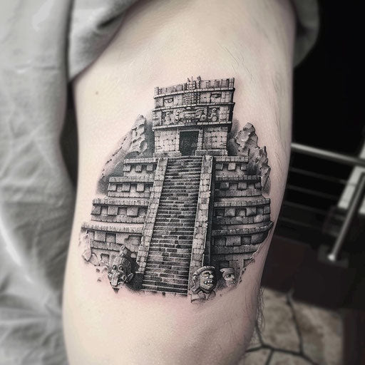 Detailed historical Mayan architecture tattoo in monochrome