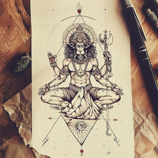 Surreal flat tattoo sketch of Hanuman lifting a celestial mountain