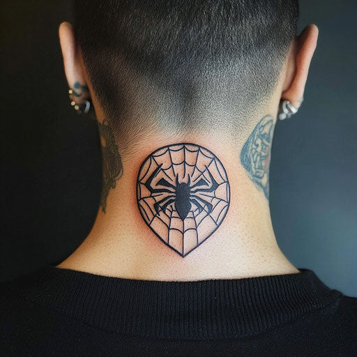 Small neck tattoos inspired by Steve McNiven with a superhero emblem