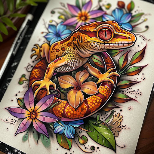 Neo-traditional flat tattoo sketch of a gecko surrounded by lush floral motifs