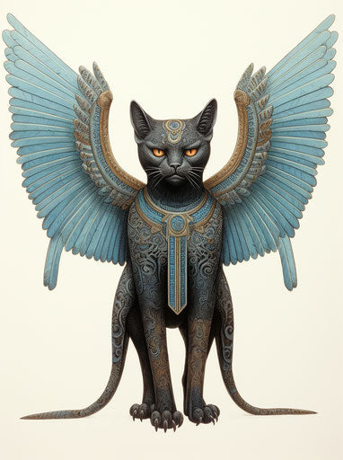 Black cat with wings on white background, photographic print