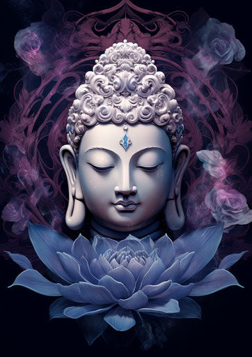 Buddha with lotus flower and swirls, meticulous sketch style