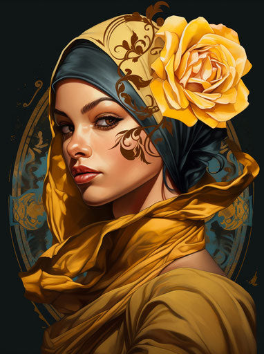 Woman with a rose in her head wrap and a tattoo on her neck
