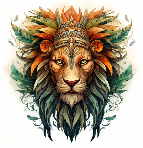Lion head with tribal headdress on white background