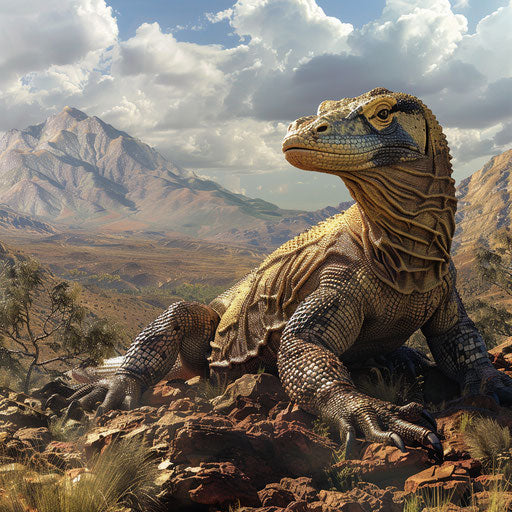 Komodo dragon in rugged terrain with mountains in the background, in the style of Simen Johan