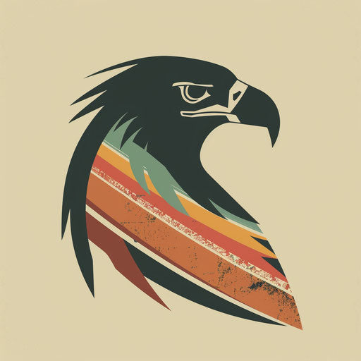 Vintage eagle logo with bold lines and a retro color palette, on a off-white background
