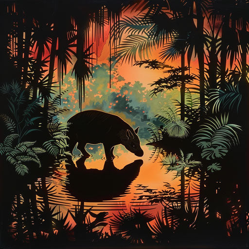 Baird's tapir silhouette drinking at dusk