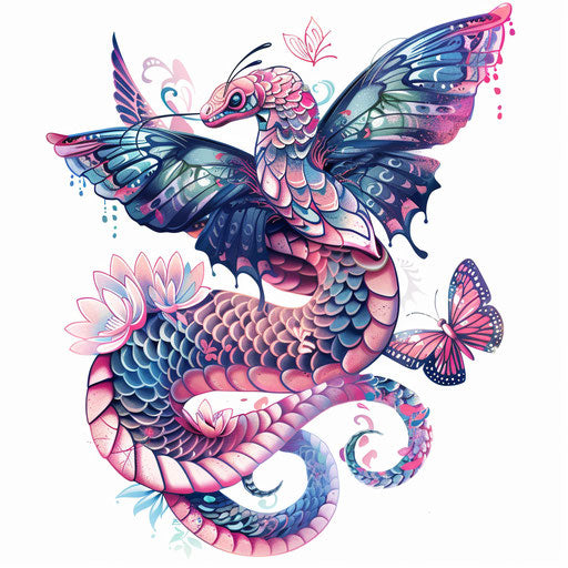 Whimsical flat tattoo sketch of serpent with butterfly wings