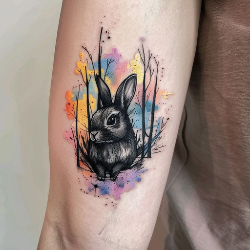 Black rabbit emerging from a watercolor forest