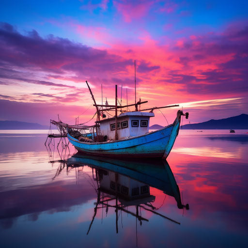 Fishing boat surrounded by a colorful sunset