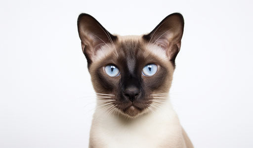 Siamese cat on white background, dark maroon and light beige style