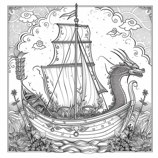 Whimsical boat with dragon figurehead sailing through enchanted waters