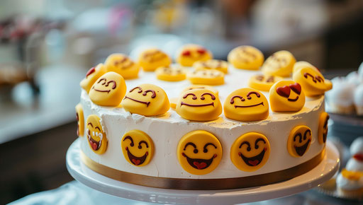 White cake with yellow smiley face decorations