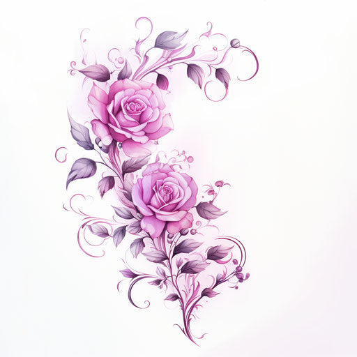 Roses tattoo design with leaves, flowers and vine design in light purple and dark pink