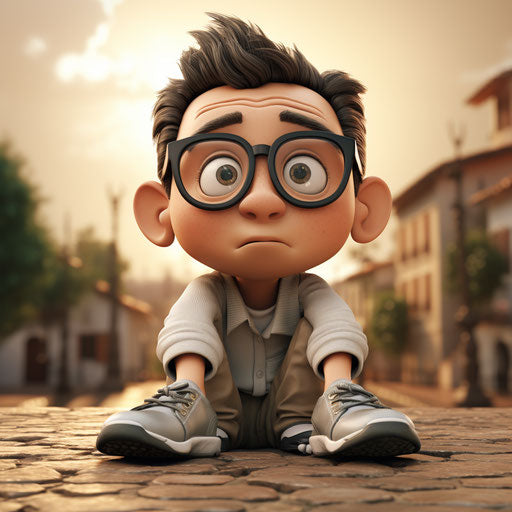 Cartoon man with glasses putting feet on his toes