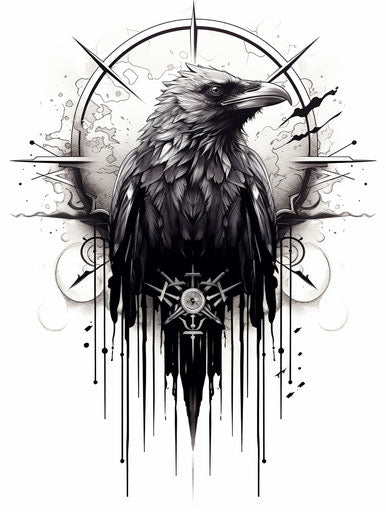 Black and white crow tattoo, cosmic symbolism