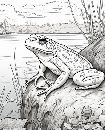 A free frog coloring page, in the style of Kazimierz Dąbrowski, Albert Bloch, Charles Spencelayh, calm waters, unpredictable, Konica Auto S3, unique 25:31