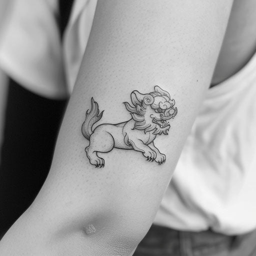 Minimalist foo dog black and white tattoo on white background
