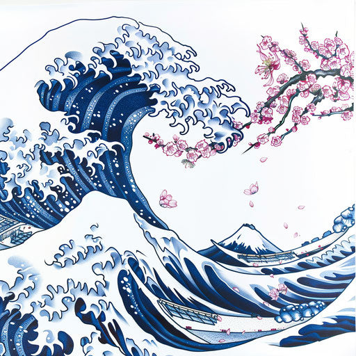 Dynamic Japanese wave and cherry blossom tattoo in blue and pink