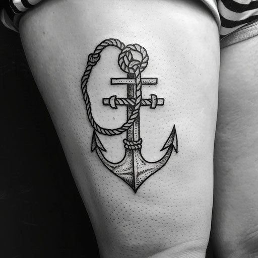 Tattoo of an anchor and ropes in Sailor Jerry style