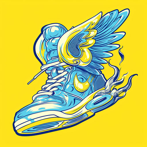 Whimsical tattoo sketch of cartoonish sneaker with wings, in bright blue and yellow, clipart style