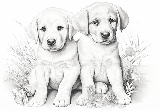 Two puppies coloring, fine and detailed inking