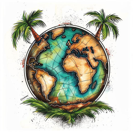 Exotic flat tattoo sketch of a globe with exotic islands and palms