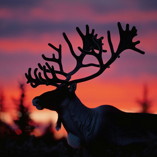 Woodland caribou with intricate antler silhouette at sunset