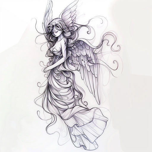 Guardian angel tattoo in fine line art on stark white canvas