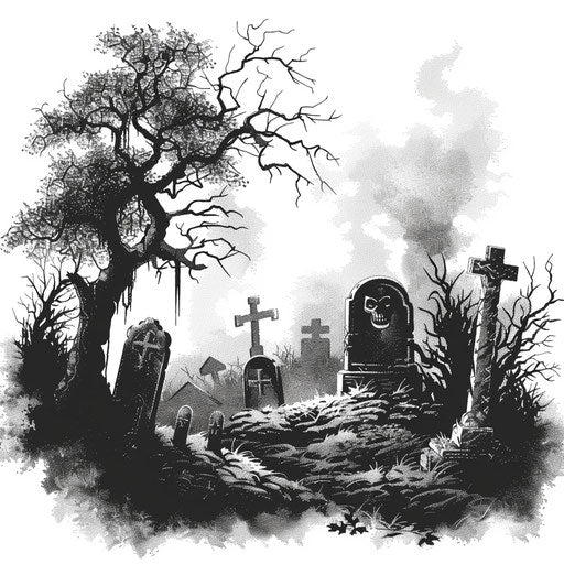 Gothic tattoo sketch of a graveyard scene with fog