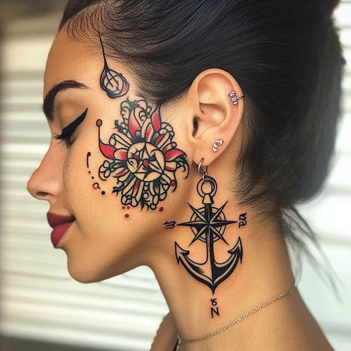 Facial tattoos for women with a delicate anchor and compass